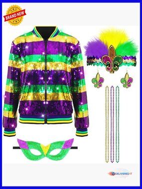 7-Piece Mardi Gras Sequin Jacket Set with Accessories for Parties & Parades